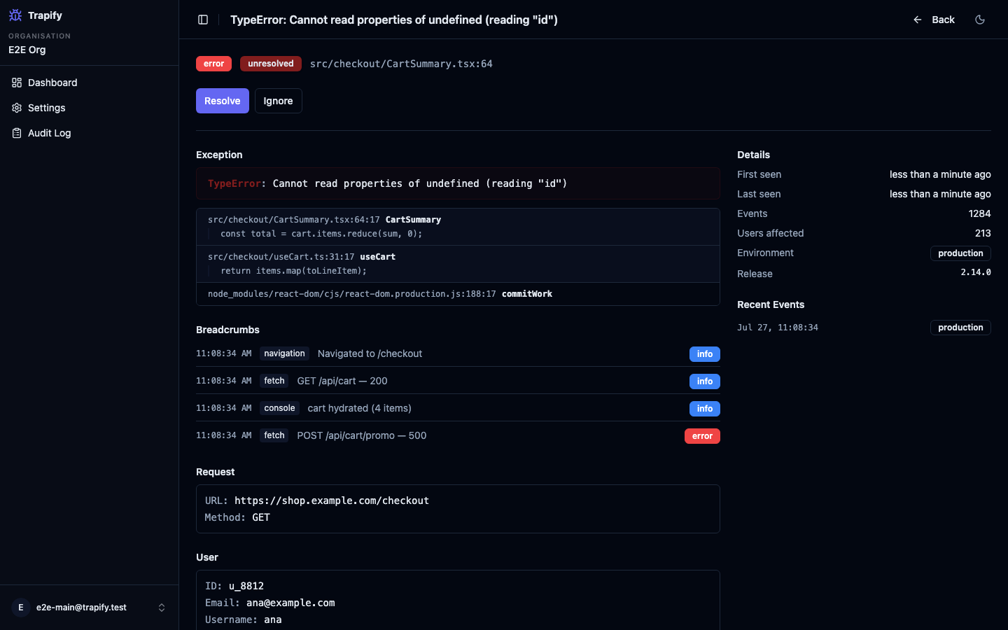 Trapify issue detail view showing a TypeError with its full stack trace, breadcrumb trail and event metadata